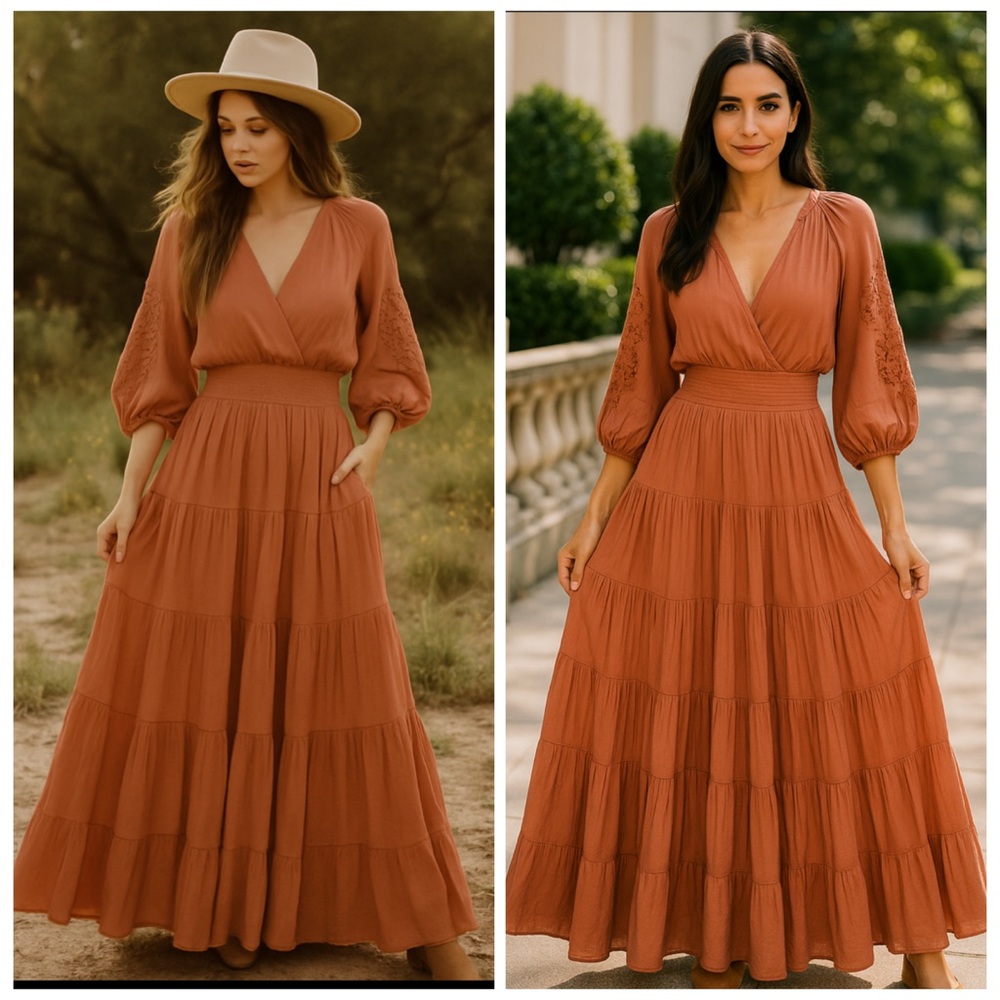 Elegant Terracotta Midi Dress with Balloon Sleeves